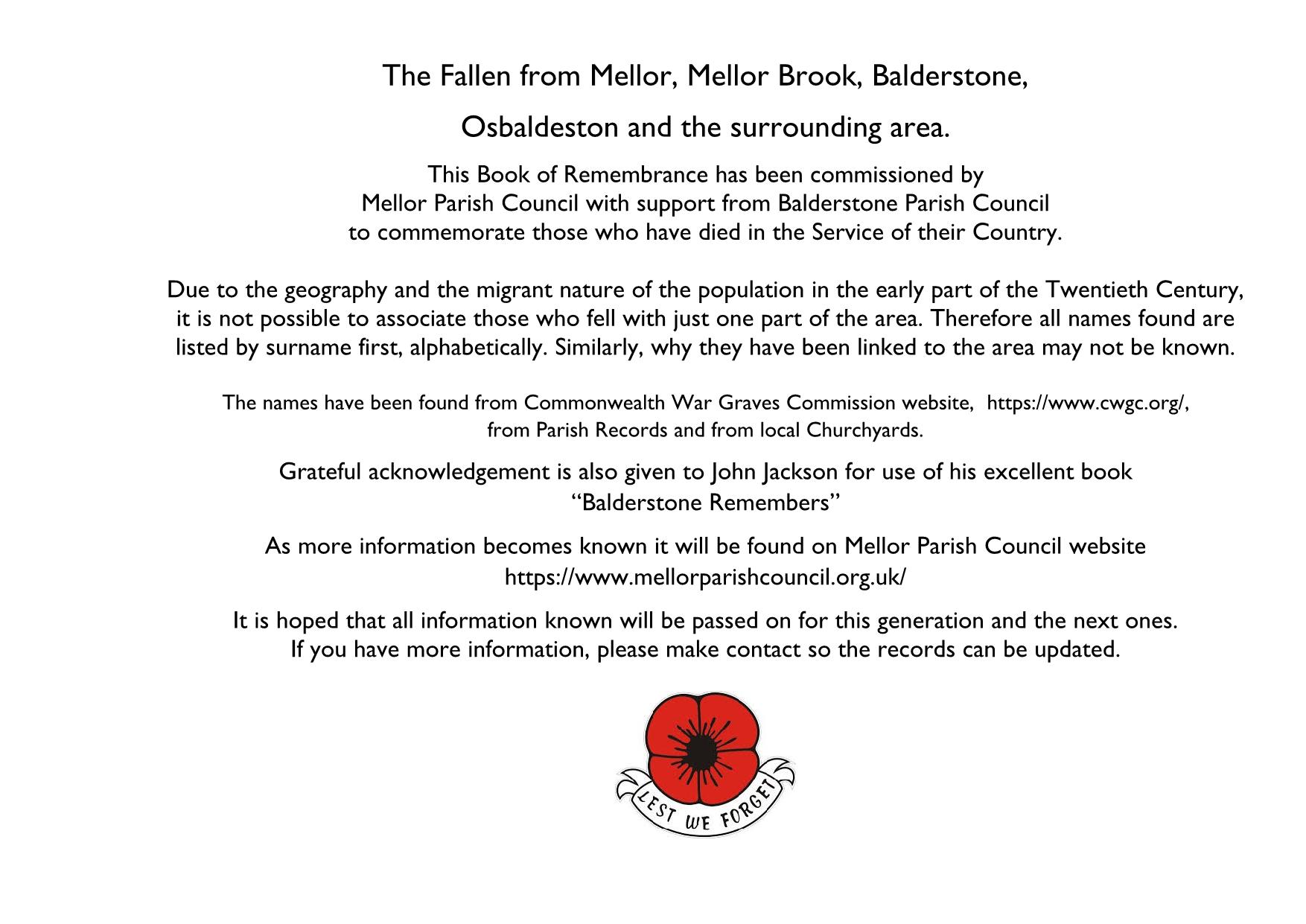Acknowledgement page Book of remembrance